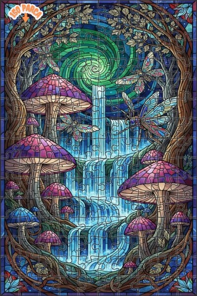 Teona Ahşap لغز خشبي بتصميم الغابة السحرية والشلالات والفراشات والفطر والزجاج...