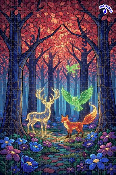 Teona Ahşap لغز خشبي بتصميم فني زجاجي ملون لحيوانات الغابة السحرية 600 قطعة 5...