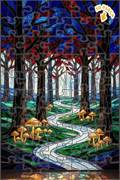 Teona Ahşap لغز خشبي مؤطر ذو طابقين بمظهر فني من الزجاج الملون لطريق الغابة ا...