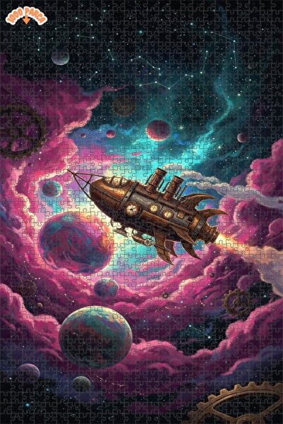Teona Ahşap Steampunk Rocket Galaxy Journey Oil Painting Double-Deck Framed W...