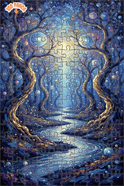 Teona Ahşap Magical Forest Stream Oil Painting Look Modern Double-Decker Fram...