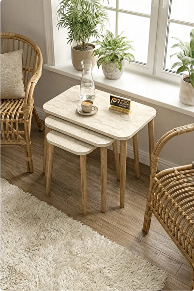 PDMPOİNT DOLAP MARKET Çınar 3 lü Zigon Sehpa Takımı - Traverten