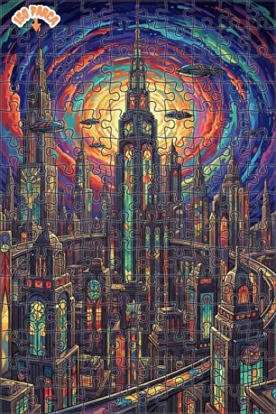 Teona Ahşap Future City Vision Art Print Double Layer Framed Wooden Puzzle 15...