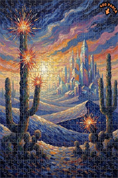 Teona Ahşap 400 قطعة 35x35 بمظهر لوحة زيتية ليلة مدينة الصحراء