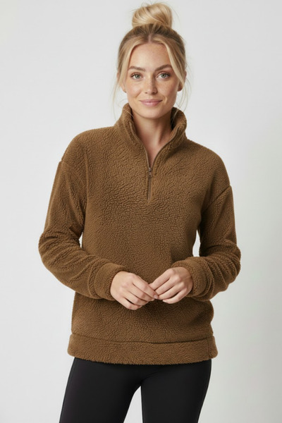 Giyimodam Pulover de pluș maro cu jumătate de fermoar pentru femei tricou - P...