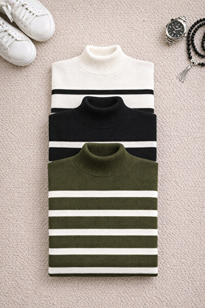 MELLORENZO 3-Piece Striped Unisex Winter Turtleneck Knit Sweater Knitted High...