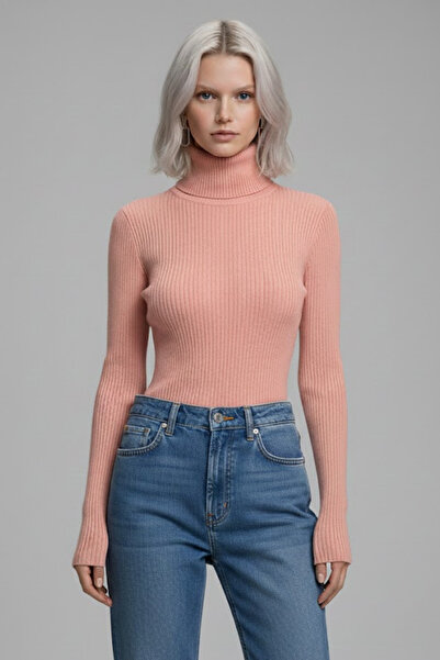 Giyimodam Women's Powder Pink Full Throated Corded Fabric Knitwear Sweater - ...