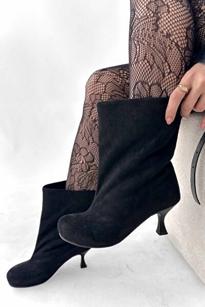 Shoebutik Cenny Black Suede Round Toe Wide Cut Women's Bootie