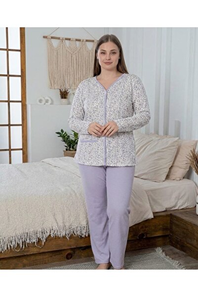 Temporium Women's Plus Size Floral Print Button down Long Sleeve Interlock Pa...