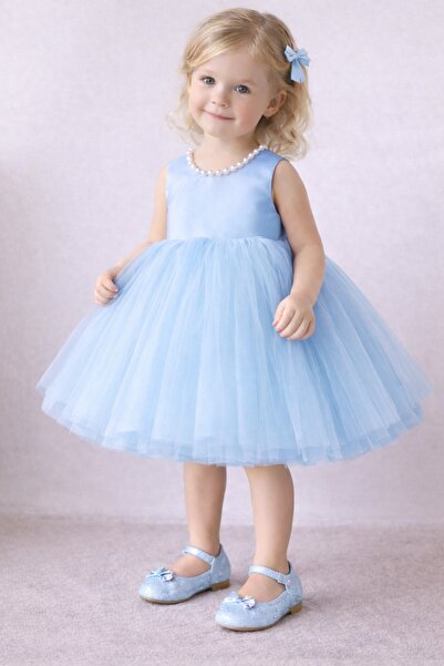 SUNEH Kız Bebek Bebe Mavi İnci Detaylı Doğum Günü ve Özel Gün Tütü Elbise