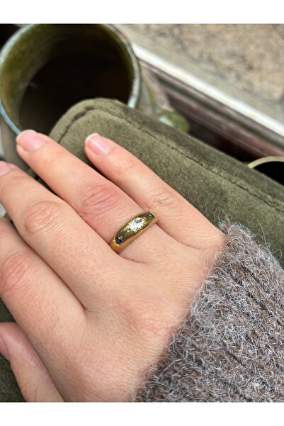 Miltonia Antique Brass Zircon Stone Ring Navy Blue White