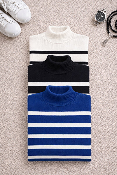 MELLORENZO 3-Piece Striped Unisex Winter Turtleneck Knit Sweater Knitted High...