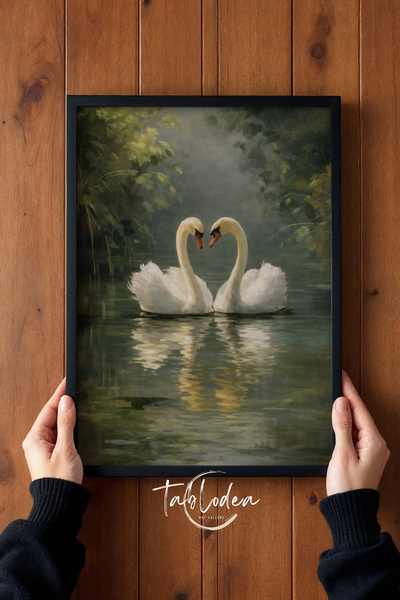 tablodea Romantični labudovi, uljana slika u vintage stilu, ukrasni poster u ...