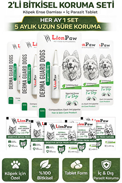 LİON PAW 2'li Set Köpek 1-10 Kg Bitkisel İç Dış Anti Parazit Ense Bitkisel Da...