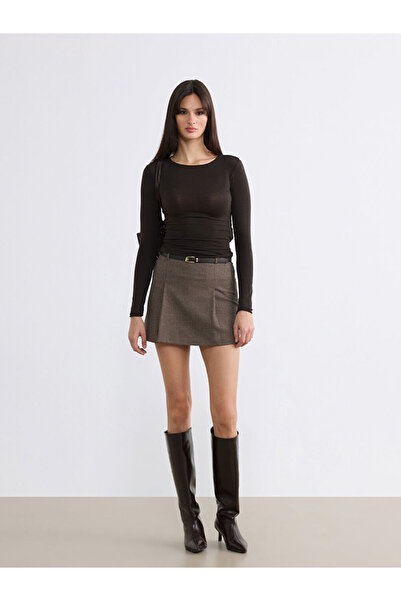 LC Waikiki Brown Plaid Shorts Skirt with Belt