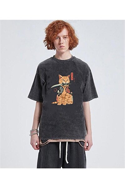 Le Savu Washablekiller Cat Printed Unisex Oversized Vintage T-Shirt
