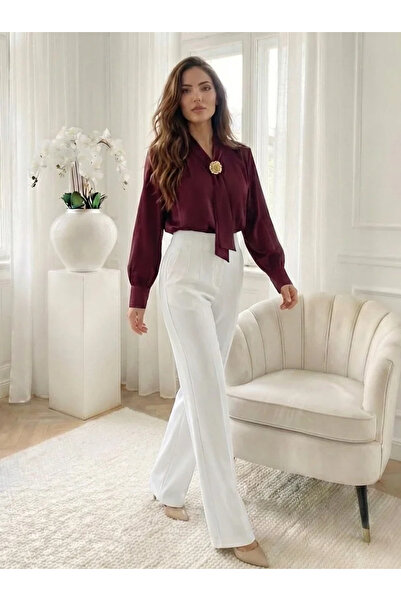 UniqueStore.ro Elegant burgundy women's blouse with decorative scarf