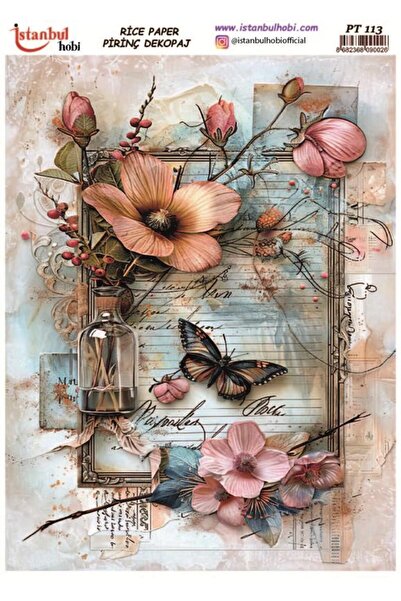 İstanbul Hobi Rice Decoupage Paper 30X42Cm Pt-117 Flower Butterfly