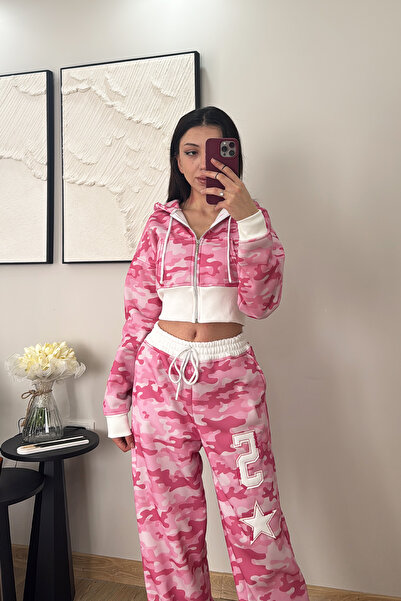 İlayda Toprak Culture Pembe Kamuflaj Nakışlı Premium Baggy Unisex Eşofman Takımı