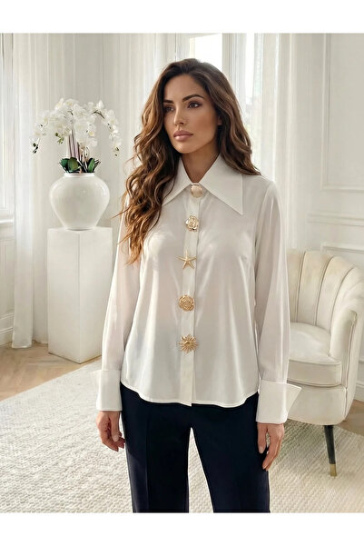 UniqueStore.ro Elegant white women's shirt with removable brooches and button...