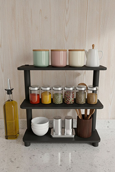 RAVILO Tezgah Üstü 3 Katlı Dikdörtgen Dekoratif Raf Siyah