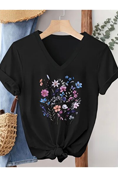 FUFLUNS Colorful Flowers Printed Women's Oversize V-Neck T-Shirt