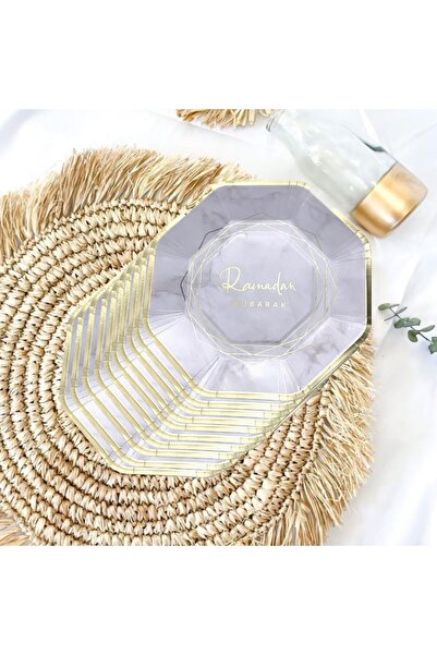 GENERAL thePartyPopper 10 Pcs White & Gold Design Ramadan Mubarak 9 Inch Dinn...