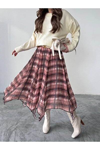 BE CHİC Women's Chiffon Fabric Interlining Asymmetric Cut Midi-Length Plaid S...