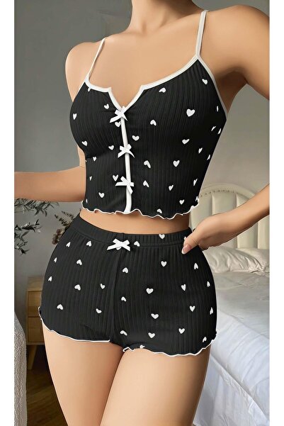 İntive Lingerie Women's Black Heart Patterned Suspender Shorts Pajamas Suit 5008