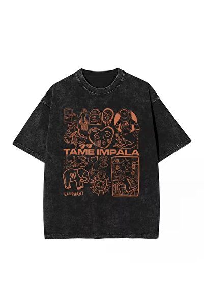 Mella&Co Tame Impala Tasarımlı Eskitme Efektli Siyah Oversize TişörtYıkanmış ...