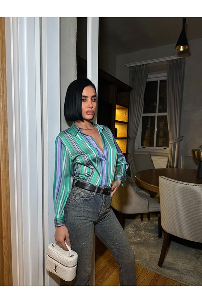 MEECY Multi-Colored Vertical Striped Premium Satin Shirt - Retro Chic Design