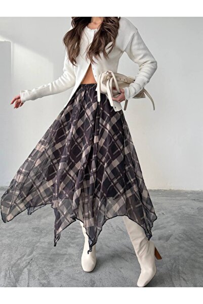 BE CHİC Women's Chiffon Fabric Interlining Asymmetric Cut Midi-Length Plaid S...