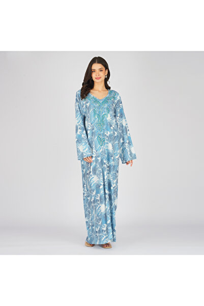 LINELLE جلابية بيضاء زرقاء مطبوع بخطوط مع ياقة مطرزة