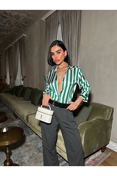 MEECY Multi-Colored Vertical Striped Premium Satin Shirt - Retro Chic Design