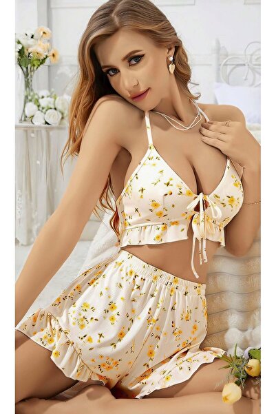 İntive Lingerie Ženski cvetni ekrus hlačice na bretele, pidžama set 5017