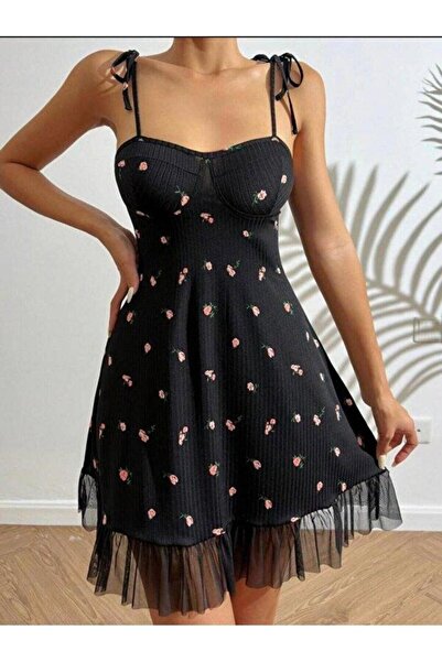 SS HOME CONCEPT Women's Black Pink Rose Patterned Suspender Tie-Up Lace Detai...