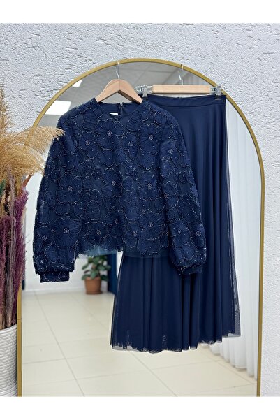 MİHRA STORE Hacer Tulle Set with Stone Roses and Skirt-Ge799 Navy Blue