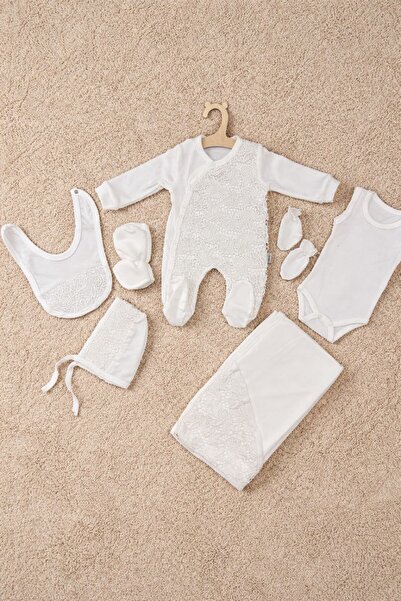 MinivaBaby Beyaz Dantelli Yenidoğan Hastane Çıkışı Seti 7 Parça Pamuklu