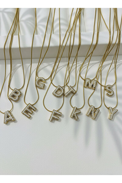 GKCBijoux 316L Çelik Gold Renk Zirkon Taşlı Harf Kolye - Kişiye Özel İsim Baş...