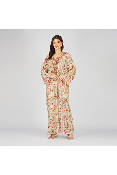 LINELLE جلابية بنية مطبوع بنقوش زهرية مع ياقة مطرزة على شكل حرف V