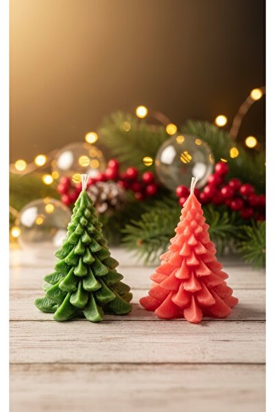 Patulya Aksesuar El Yapımı Dekoratif Çam Ağacı Figürlü 2’li Mum Seti - Yılbaş...