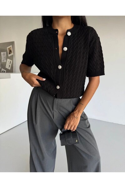 GNY TEXTİLE Saç Örgü Bisiklet Yaka Kısa Kol Kadın Triko Hırka