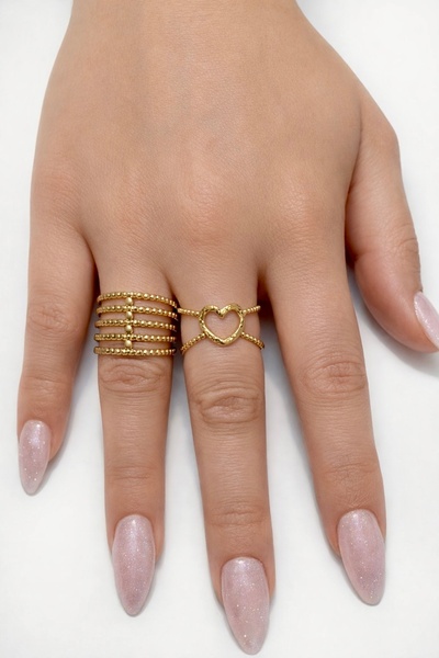 liore dünyası Women's Gold Plated Heart and Multi-Row Adjustable Ring Set – M...