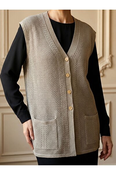 tiriTEK TRİKO Mercerized Hair Knit Patterned Mother's Vest / Sand