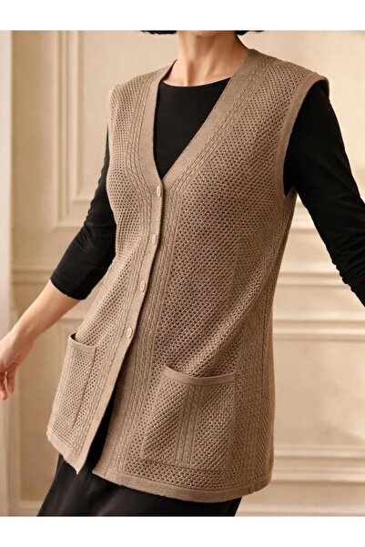tiriTEK TRİKO Mercerized Hair Knitted Patterned Mother's Vest / Mink