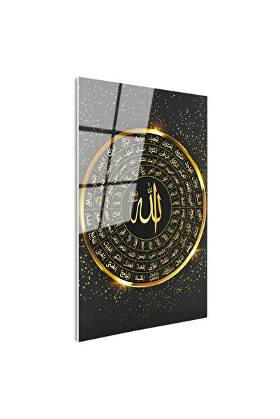 Tablofest Tamperli Gerçek Cam Tablo Esmaül Hüsna Yuvarlak Tasarım Siyah Fon D...
