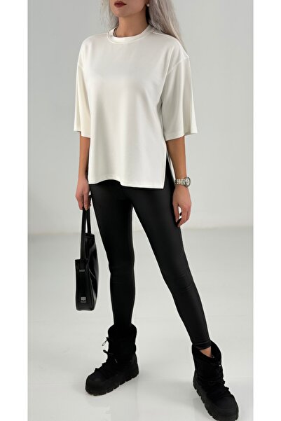 Elvan Güven Siyah Mat Deri Yüksek Bel Toparlayıcı Tayt