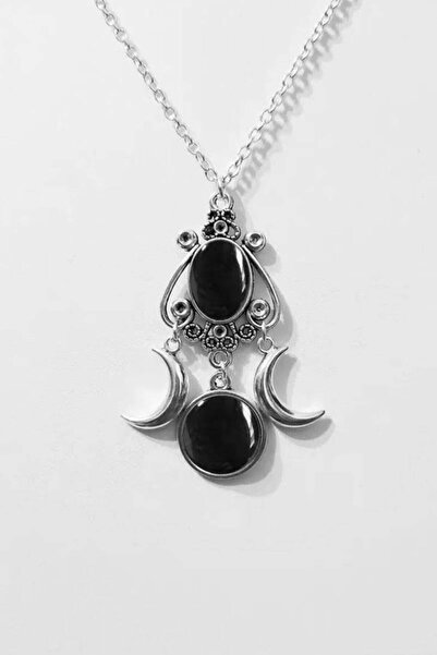 Karakedi Silver Gothic Mystical Hecate Symbol Black Stone Pendant
