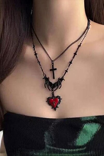 Karakedi Black Gothic Cross Detailed Bat Wing Red Hearth Necklace Set
