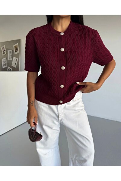 GNY TEXTİLE Saç Örgü Bisiklet Yaka Kısa Kol Kadın Triko Hırka